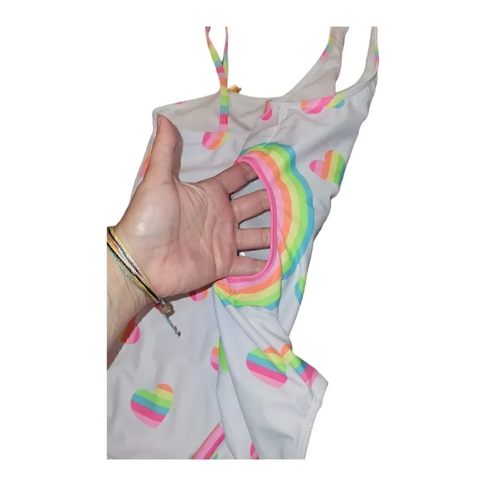 NWOT Juicy Couture Kids Girls One Piece Swimsuit Rainbow Hearts Size 14